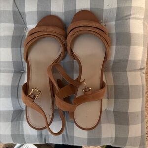Cole Haan Tan Suede Ankle-Strap Sandals with Gold Buckles